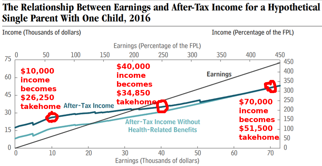 A graph of income (with benefits and taxes) as a function of earnings.